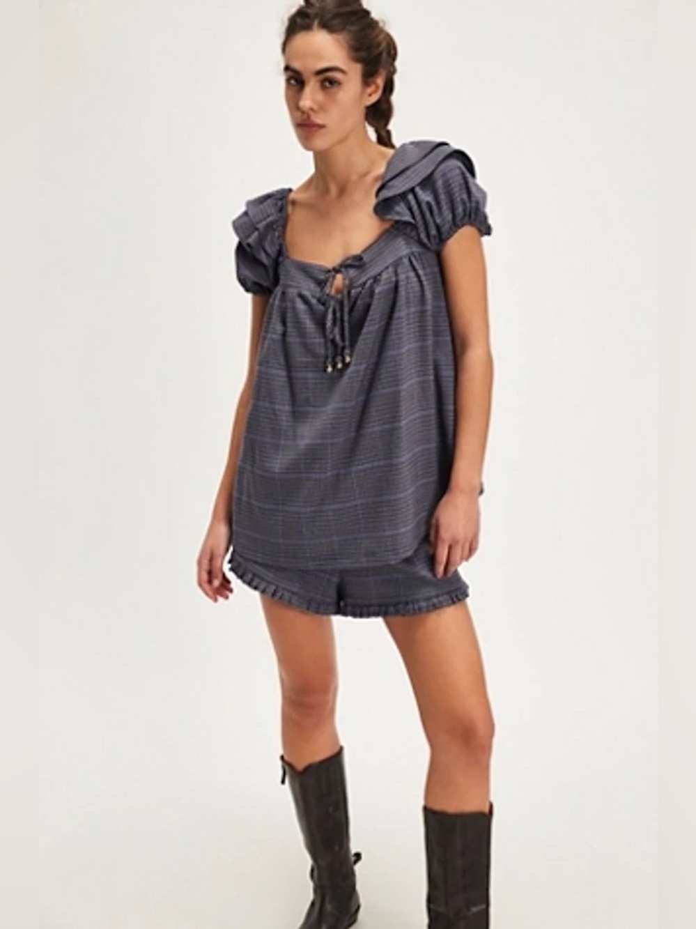 Free People Navy Houndstooth Puff-Sleeve Babydoll Two Piece Set
